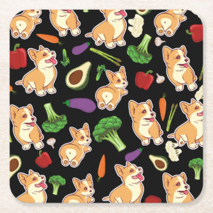Dessous-de-verre Carré En Papier Cute Corgi et légumes Motif alimentaire Noir