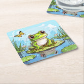 Dessous-de-verre Carré En Papier Cute Frog sur un Lily Pad Cute Personnalisé (Incliné)