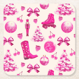 Dessous-de-verre Carré En Papier Cute Girly Preppy Motif de Noël rose
