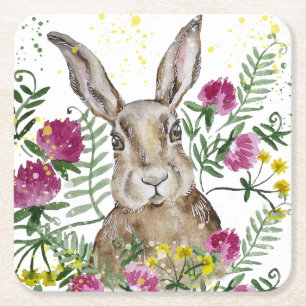 Dessous-de-verre Carré En Papier Cute lapin en fleurs d'aquarelle