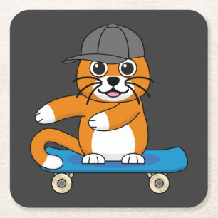 Dessous-de-verre Carré En Papier Cute Orange Chat sur Skateboard Cartoon
