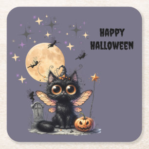 Dessous-de-verre Carré En Papier Cute Rétro Noir Large Kitten Halloween