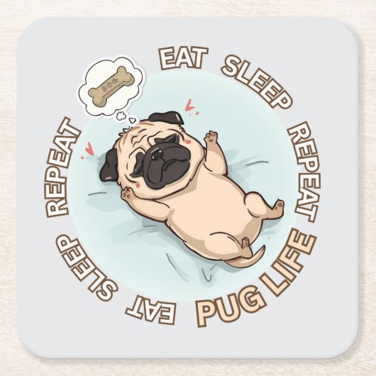 Dessous-de-verre Carré En Papier Cute Sleeping Pug Paper Coaster | Eat Sleep Repeat (Devant)
