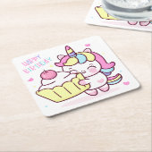 Dessous-de-verre Carré En Papier Cute Unicorn Joyeux gâteau d'anniversaire (Incliné)
