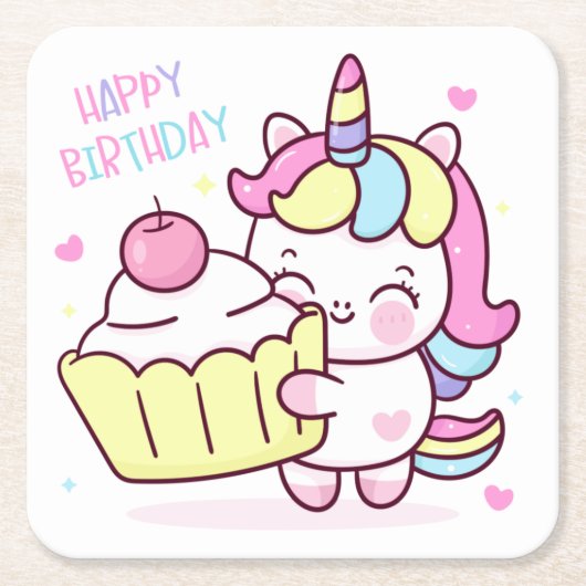 Dessous-de-verre Carré En Papier Cute Unicorn Joyeux gâteau d'anniversaire (Devant)
