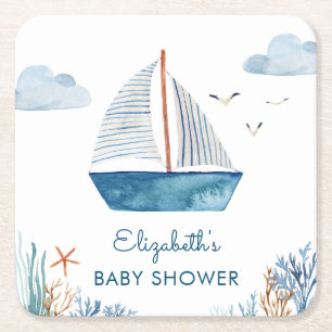 Dessous-de-verre Carré En Papier Cute Watercolor Bateau Baby shower nautique