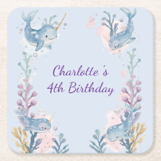 Dessous-de-verre Carré En Papier Cute Watercolor Narwhal Whale fish Seamless Sea 