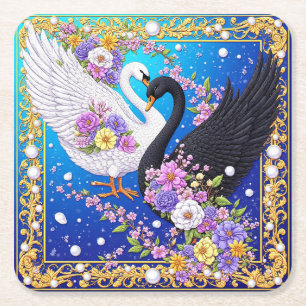 Dessous-de-verre Carré En Papier Cygnes de mariage encadrés d'or et de fleurs