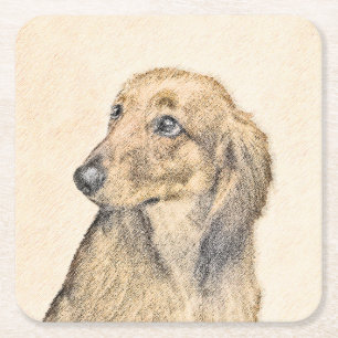 Dessous-de-verre Carré En Papier Dachshund (Longhaerien) Peinture - Art Chien origi