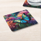 Dessous-de-verre Carré En Papier Dahlias Et Papillon Vert Bleu Iridescente (Incliné)