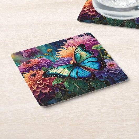 Dessous-de-verre Carré En Papier Dahlias Et Papillon Vert Bleu Iridescente (Incliné)