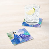 Dessous-de-verre Carré En Papier Dame en Robe Bleue - Peinture aquarelle (En situation)