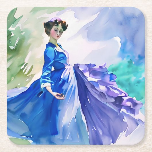 Dessous-de-verre Carré En Papier Dame en Robe Bleue - Peinture aquarelle (Devant)