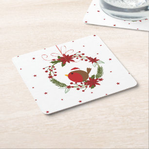 Dessous-de-verre Carré En Papier Décor de la couronne de Noël du mignon robin
