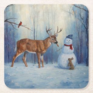 Dessous-de-verre Carré En Papier Deer et Happy Snowman hiver de vacances scène
