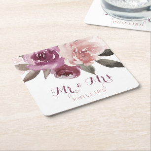 Dessous-de-verre Carré En Papier Dentelle florale rustique en aquarelle mariage M.