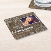 Dessous-de-verre Carré En Papier Dentelle rustique en bois Première sainte communio (Incliné)