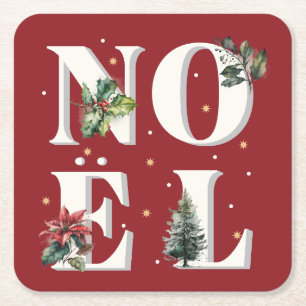 Dessous-de-verre Carré En Papier Design de texte Noël avec de beaux plantes d'hiver