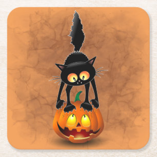 Dessous-de-verre Carré En Papier Dessin d'Halloween au chat effrayé sur Citrouille