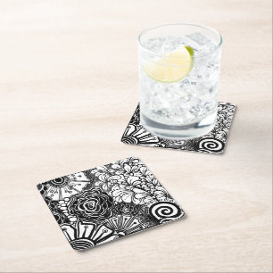 Dessous-de-verre Carré En Papier Dessin Floral Zen Noir Et Blanc