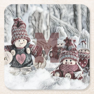 Dessous-de-verre Carré En Papier Dessin vintage de gnomes dans la neige 