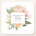 Dessous-de-verre Carré En Papier Dessous de verre de Fête des mariées Peony et Gold<br><div class="desc">Conçu pour se coordonner avec notre collection Peony and Gold, ce dessous de verre de jumelage personnalisable présente de luxueuses fleurs de pivoines roses et dorées au feuillage vert et au lettrage classique. Pour une personnalisation plus avancée de cette conception, cliquez sur le bouton "PERSONNALISER" ci-dessus. Veuillez noter que le...</div>
