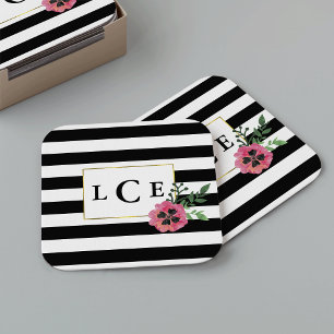 Dessous-de-verre Carré En Papier Dessous de verre de monogramme floral noir et rose
