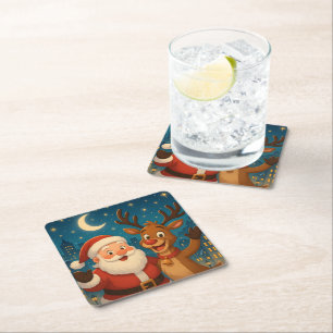 Dessous-de-verre Carré En Papier Dessous de verre de Noël - Père Noël et rennes - D