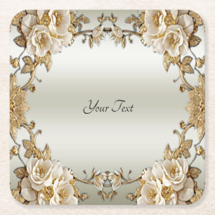 Dessous-de-verre Carré En Papier Dessous de verre en papier Orné Or Fleurs blanches