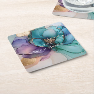 Dessous-de-verre Carré En Papier Déversement de Mariage Floral Aqua Bleu Violet Or