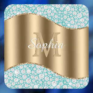 Dessous-de-verre Carré En Papier Diamants Glam sur sarcelle, monogramme doré, nom e