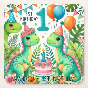 Dessous-de-verre Carré En Papier Dinosaur Dino 1ère fête d'anniversaire