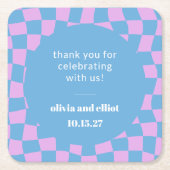 Dessous-de-verre Carré En Papier Douce Mariage Personnalisé Damier Bleu Violet Rétr (Devant)