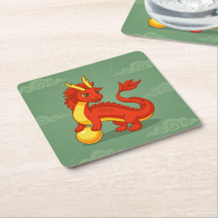 Dessous-de-verre Carré En Papier Dragon Chinois Rouge sur Fond Vert
