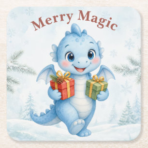 Dessous-de-verre Carré En Papier Dragon de Noël à l'aquarelle bleue - Joyeuse Magie