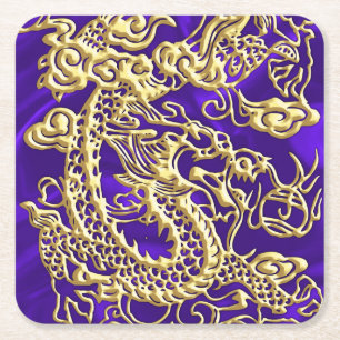 Dessous-de-verre Carré En Papier Dragon d'or embouti sur papier satin violet