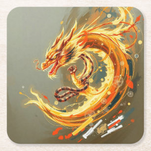Dessous-de-verre Carré En Papier Dragon Jaune Doré