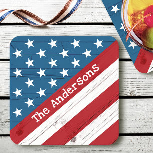 Dessous-de-verre Carré En Papier Drapeau étoilé patriotique américain en bois rusti