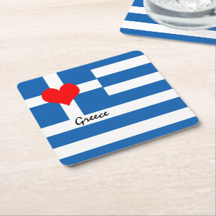 Dessous-de-verre Carré En Papier Drapeau grec et coeur - Grecs fans de voyages/spor