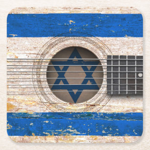 Dessous-de-verre Carré En Papier Drapeau israélien sur la vieille guitare