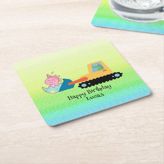 Dessous-de-verre Carré En Papier Drôle dinosaure tracteur fête d'anniversaire do-it (Incliné)