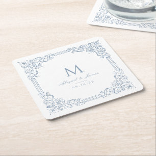 Dessous-de-verre Carré En Papier Dusty Blue Vintage cadre élégant mariage Monogramm
