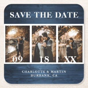 Dessous-de-verre Carré En Papier Dusty Blue Wood Mariage Photo Enregistrer La Date