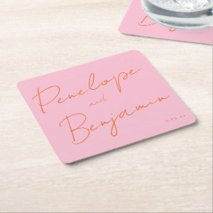 Dessous-de-verre Carré En Papier Écriture moderne de mariage rose et orange