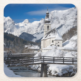 Dessous-de-verre Carré En Papier Église dans la neige avec les Alpes