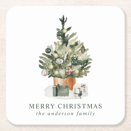 Dessous-de-verre Carré En Papier Elégant Aquarelle Arbre de Noël (Devant)