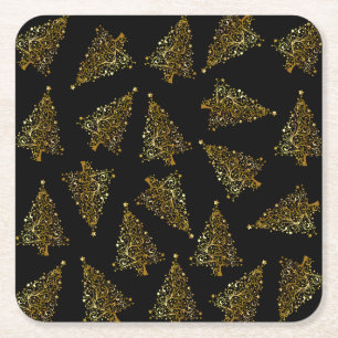 Dessous-de-verre Carré En Papier Élégant arbre de Noël moderne motif or noir