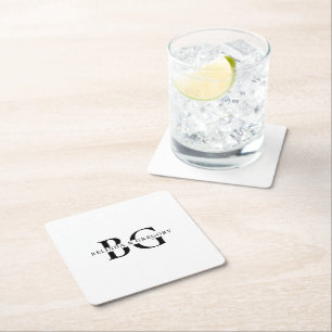 Dessous-de-verre Carré En Papier Élégant blanc et noir Mariage des initiales de mon