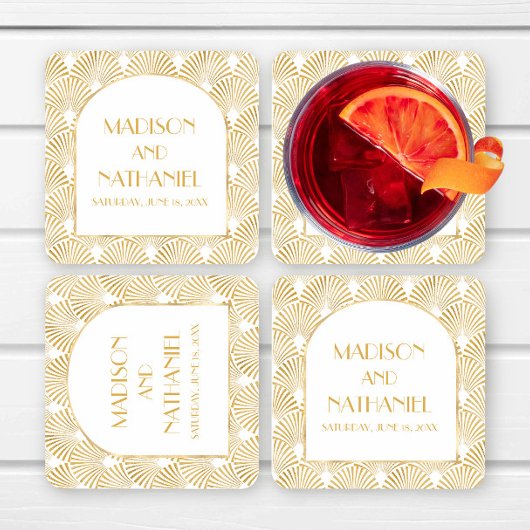 Dessous-de-verre Carré En Papier Elégant Blanc Or Géométrique Mariage Art Déco