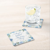 Dessous-de-verre Carré En Papier Elégant cadre floral bleu 100e fête d'anniversaire (En situation)